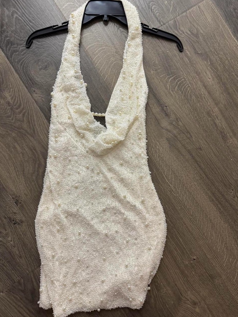 Oh Polly Pearl-Embellished Ivory Halter Dress
